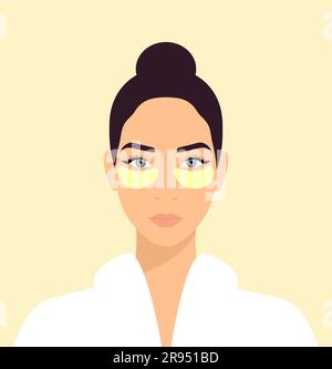 Young woman in a white bathrobe with gold eye patches on her face. Daily skin care routine. Flat vector illustration Stock Vector