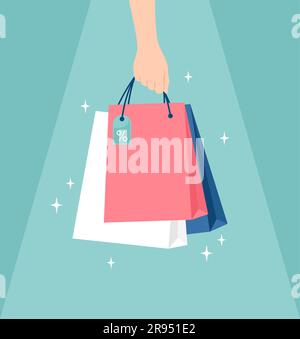 Hand holding glowing shopping bags unger light on a green background. Vector illustration in flat style Stock Vector