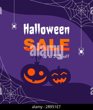 Halloween sale banner template with spiders on web and pumpkins on purple background. Flat vector illustration Stock Vector