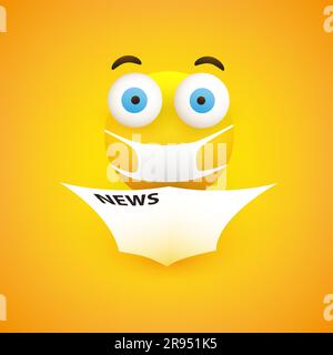 Surprising, Horrible News - Emoticon with Pop Out Eyes and Medical Mask Reads a Newspaper - Vector Design Stock Vector