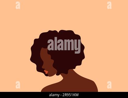 Side view of a beautiful african woman with short curly brown hair and orange lips on a pastel background. Flat vector illustration Stock Vector