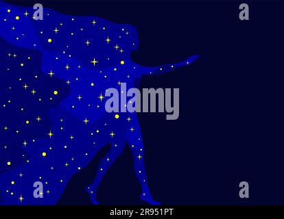 Blue universe with yellow stars in the shape of a woman's profile silhouette in full height on a dark blue baclground. A woman comes out of space Stock Vector