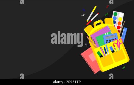 Multicolored school stationery accessories and yellow bagpack on a dark gray background with copy space. Flat vector illustration Stock Vector
