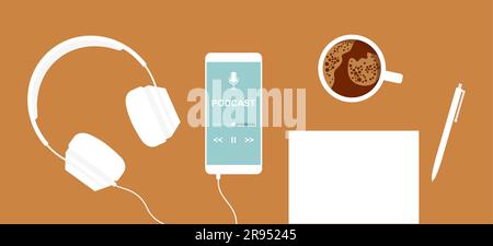 White smartphone with podcast app on screen, headphones, sheet of paper, pen and coffe cup on orange background. Flat vector illustration Stock Vector