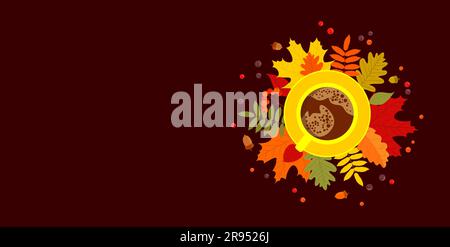 Yellow coffee cup with multicolored autumn leaves, berries and acorns on a brown background. Autumn background with a copy space. Top view. Flat vecto Stock Vector