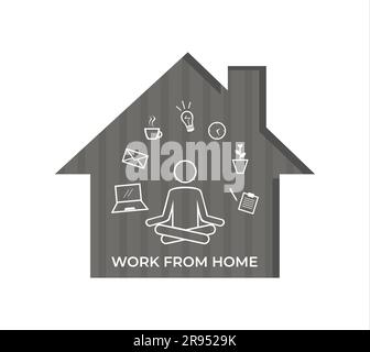 Remote work from home. Man in lotus pose, office icons and a text on gray gradient background inside the white house frame with shadow. Eps 10. Stock Vector