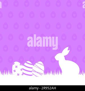 White rabbit and Easter eggs in a grass on a purple patterned background with copy space. Vector Easter illustration Stock Vector