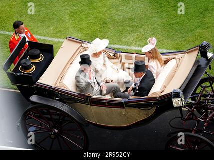 The carriage carrying King Charles III, Queen Camilla, The Earl of Caledon and The Countess of Caledon arrives on day five of Royal Ascot at Ascot Racecourse, Berkshire. Picture date: Saturday June 24, 2023. Stock Photo