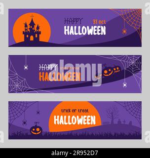 Set of Halloween banners for websites and social media. Purple and orange flat vector illustration Stock Vector