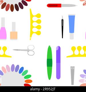 Vector seamless pattern of colorful manicure and pedicure tools on a white background Stock Vector