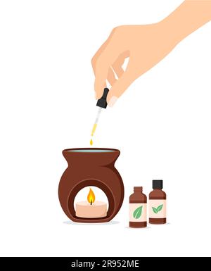 Female hand holding pipette with essential oil and dripping oil into an aroma lamp on a white background. Flat vector illustration Stock Vector