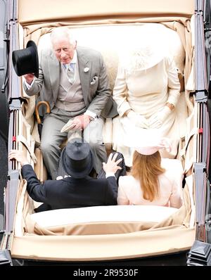 The carriage carrying King Charles III, Queen Camilla, The Earl of Caledon and The Countess of Caledon arrives on day five of Royal Ascot at Ascot Racecourse, Berkshire. Picture date: Saturday June 24, 2023. Stock Photo