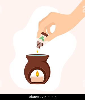 Female hand dripping essential oil from a bottle into an aroma lamp for aromatherapy. Flat vector illustration Stock Vector