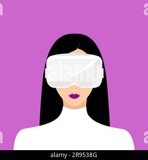 Woman with black hair and purple lips in white virtual reality glasses and white golf on a purple background. Avatar of a woman for social network Stock Vector
