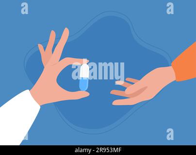 A doctor's hand holding a capsule and a patient's outstretched hand. The doctor giving pill to the patient. Vector illustration in flat style Stock Vector