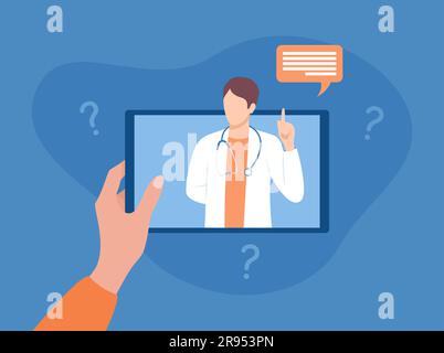 Hand holding tablet with doctor on screen. Medical consultation online. Vector illustration in flat style Stock Vector