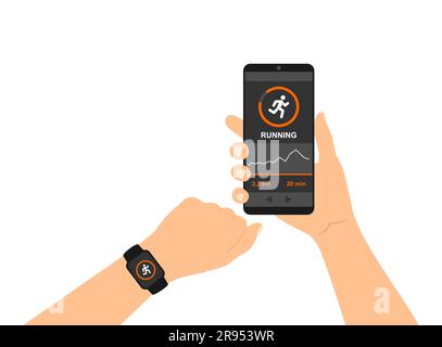 Smart watch or fitness bracelet in one hand and a smartphone with a fitness tracking app on the screen in the other hand Stock Vector
