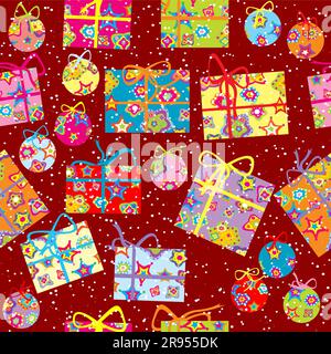 Christmas wrapping paper with gift packages and globes Stock Vector
