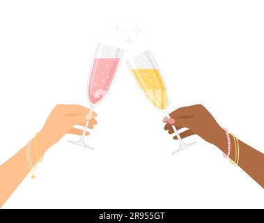 Two female hands holding glasses of sparkling champagne isolated on white background. Vector illustration in flat style Stock Vector