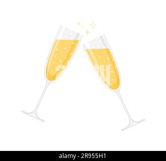 Two glasses of sparkling wine or champagne isolated on a white background. Vector illustration in flat style Stock Vector