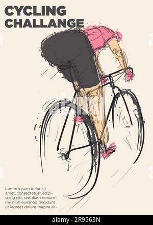 cyclist from behind. cycling challange event poster. distressed dry brush vector illustration Stock Vector