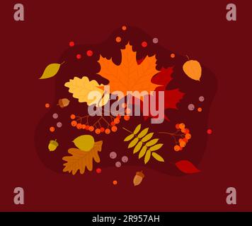 Autumn banner with leaves, berries and acorns on a burgundy background. Flat vector illustration Stock Vector