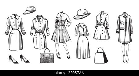Men's and Women's Clothing set sketch. Clothes, hand-drawing, doodle style.  Clothes vector illustration. Stock Vector