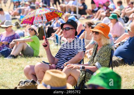 Somerset, UK. 24 June 2023. Warm weather at the Glastonbury Festival at Worthy Farm in Somerset. Picture date: Saturday June 24, 2023. Photo credit should read: Matt Crossick/Empics/Alamy Live News Stock Photo