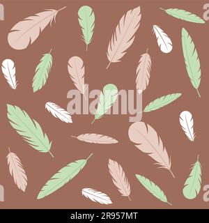 Seamless pattern with green, beige and white feathers on a brown background. Flat vector illustration Stock Vector