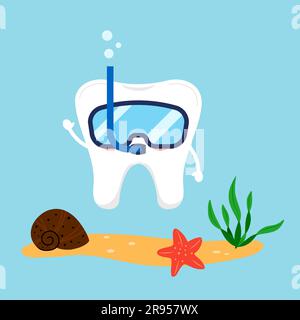 Cute tooth snorkeling with mask under water. Stock Vector
