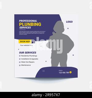 Plumbing service social media post template, plumber expert banner concept, repair pipes from sinks advertisement, toilets and bathrooms, abstract cam Stock Vector