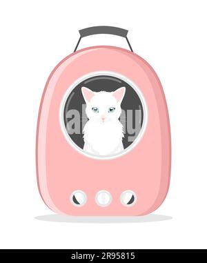 A white cat sitting in a plastic pink carrier backpack with a transparent window on a white background. Flat vector illustration Stock Vector