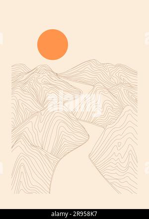 road to sunrise. line art topography grid of mountains and the road. vector illustration Stock Vector