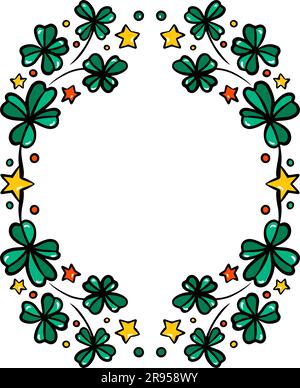 Clover garland on white background. St Patrick day greeting card with shamrock wreath. Irish. Vector flat illustration. Good for text and cards Stock Vector