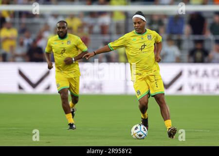 June 23, 2023: Team Ronaldinho ROLANDINHO (10) dribbles the ball during the The Beautiful Game Team Ronaldinho vs Team Robert Carlos soccer match at Exploria Stadium in Orlando, Fl on June 23, 2023. (Credit Image: © Cory Knowlton/ZUMA Press Wire) EDITORIAL USAGE ONLY! Not for Commercial USAGE! Stock Photo