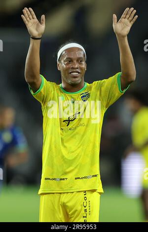 June 23, 2023: Team Ronaldinho ROLANDINHO (10) waves to the fans during the The Beautiful Game Team Ronaldinho vs Team Robert Carlos soccer match at Exploria Stadium in Orlando, Fl on June 23, 2023. (Credit Image: © Cory Knowlton/ZUMA Press Wire) EDITORIAL USAGE ONLY! Not for Commercial USAGE! Stock Photo