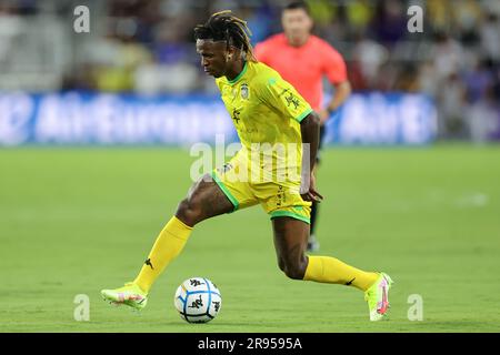 June 23, 2023: Team Ronaldinho VINI JR. (7) drives the ball during the The Beautiful Game Team Ronaldinho vs Team Robert Carlos soccer match at Exploria Stadium in Orlando, Fl on June 23, 2023. (Credit Image: © Cory Knowlton/ZUMA Press Wire) EDITORIAL USAGE ONLY! Not for Commercial USAGE! Stock Photo