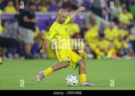 June 23, 2023: Team Ronaldinho MASCHERANO (14) passes the ball during the The Beautiful Game Team Ronaldinho vs Team Robert Carlos soccer match at Exploria Stadium in Orlando, Fl on June 23, 2023. (Credit Image: © Cory Knowlton/ZUMA Press Wire) EDITORIAL USAGE ONLY! Not for Commercial USAGE! Stock Photo