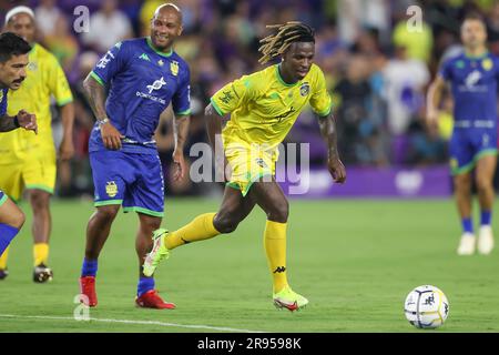 June 23, 2023: Team Ronaldinho VINI JR. (7) drives the ball during the The Beautiful Game Team Ronaldinho vs Team Robert Carlos soccer match at Exploria Stadium in Orlando, Fl on June 23, 2023. (Credit Image: © Cory Knowlton/ZUMA Press Wire) EDITORIAL USAGE ONLY! Not for Commercial USAGE! Stock Photo