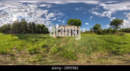 360 degree panoramic view of full seamless spherical hdri 360 panorama view near abandoned overgrown barn with bushes wooden house in village in forest in equirectangular projecti