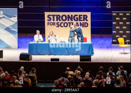 Dundee, UK. 24th June, 2023. First Minister Humza Yousaf arrives as SNP members across the country meet and discuss independence strategy at a SNP convention at the Caird Hall in Dundee. Credit: Euan Cherry/Alamy Live News Stock Photo