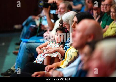 Dundee, UK. 24th June, 2023. Daughter Amal El-Nakla during First Minister Humza Yousaf gives a speech as SNP members across the country meet and discuss independence strategy at a SNP convention at the Caird Hall in Dundee. Credit: Euan Cherry/Alamy Live News Stock Photo