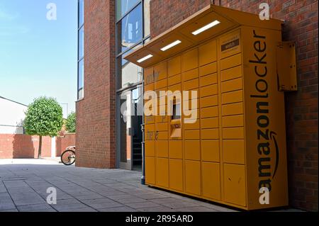Amazon parcel locker on a wall in Pescod town centre. Stock Photo
