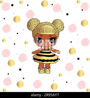 Cute vector lol doll with black and pink hair and big black eyes. Design for baby girl t-shirt, decoration birthday invitation, coloring book. Modern Stock Vector