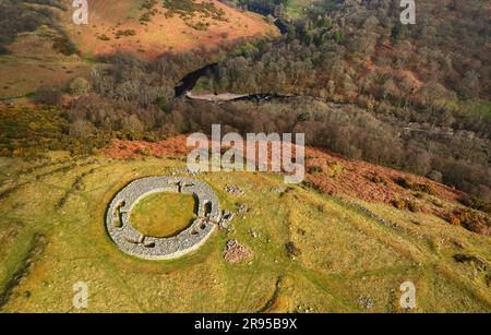 Edins Hall Broch above Whiteadder Water. Borders region, Scotland. Showing stone footings, intramural chambers and entrance of 2nd C broch. Aerial Stock Photo