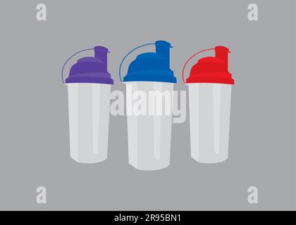 Set of white plastic sports shakers with purple, blue and red lids isolated on gray background. Flat vector ilustration Stock Vector