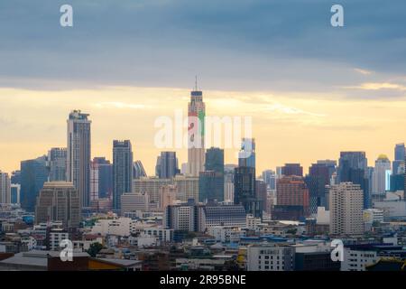 Aerial view of skyscrapers, office buildings, central business district, and early morning skyline in Bangkok, Thailand. Stock Photo