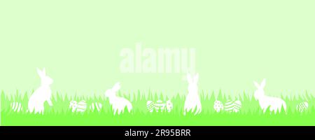 White rabbits and Easter eggs in green grass on a light green background with a copy space. Vector Easter illustration Stock Vector