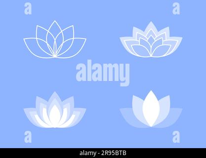 Blue and white lotus flower icon vector set on a blue background Stock Vector