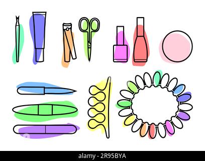 Set of colorful manicure and pedicure tools on a white background Stock Vector